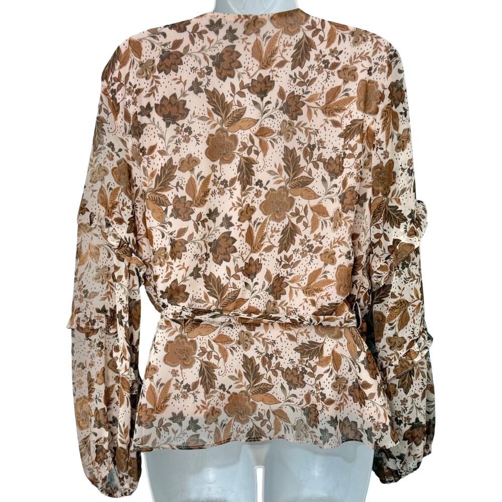 CeCe Cream Tan Fall Floral Leaves Ruffle Long Sleeve Tie Waist Wrap Top size L - Picture 6 of 11
